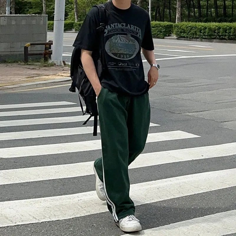 Bonsir mens outfits Contrast Color Striped Casual Pants Men's Summer Cotton Sports Pants Korean Style Loose Draping Straight Sweatpants