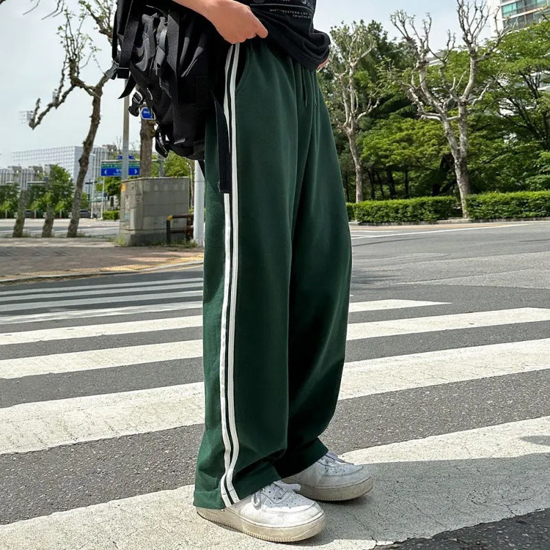 Bonsir mens outfits Contrast Color Striped Casual Pants Men's Summer Cotton Sports Pants Korean Style Loose Draping Straight Sweatpants
