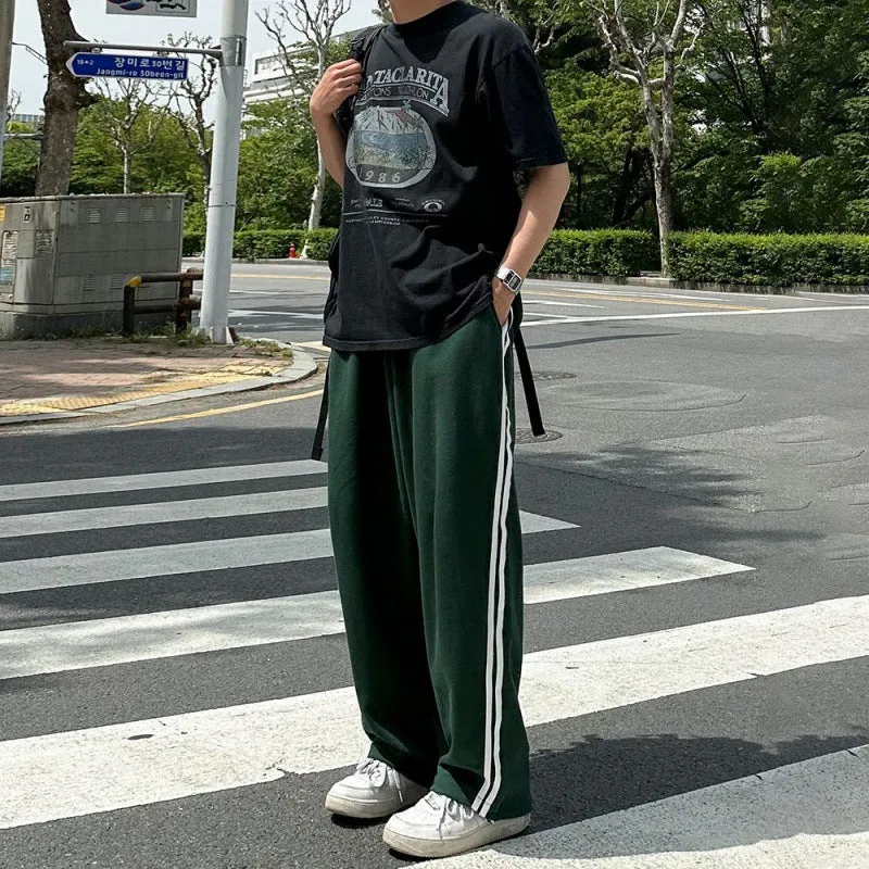 Bonsir mens outfits Contrast Color Striped Casual Pants Men's Summer Cotton Sports Pants Korean Style Loose Draping Straight Sweatpants