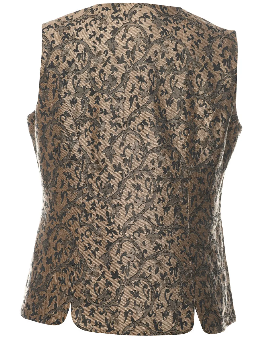 Leafy Print Black & Brown 1990s Waistcoat - S